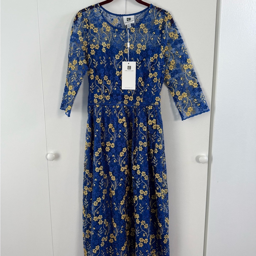 Chic Long Sleeve Blue and Gold Floral Dress